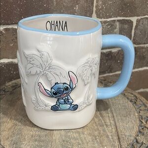 Disney Rae Dunn Collab Ohana Stitch Ceramic Coffee Mug Blue Handle Palm Trees
